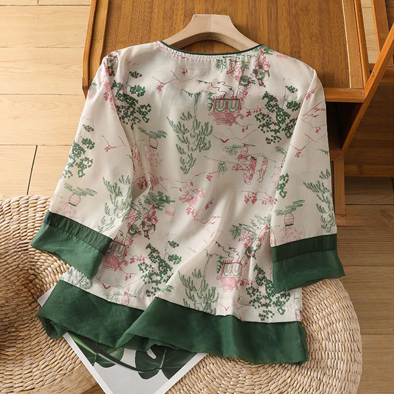 Buddha Stones Summer Tang Style Frog Button Floral Pavilion Women's Elbow-Length Sleeve Shirts - image 1