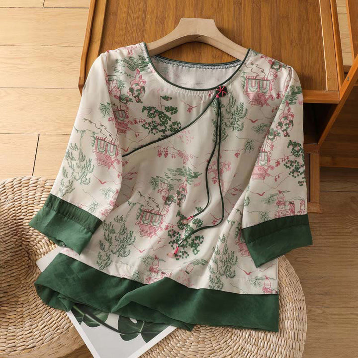 Buddha Stones Summer Tang Style Frog Button Floral Pavilion Women's Elbow-Length Sleeve Shirts - White - US8-10，UK/AU12-14，EU40-42 (2XL) - image 0