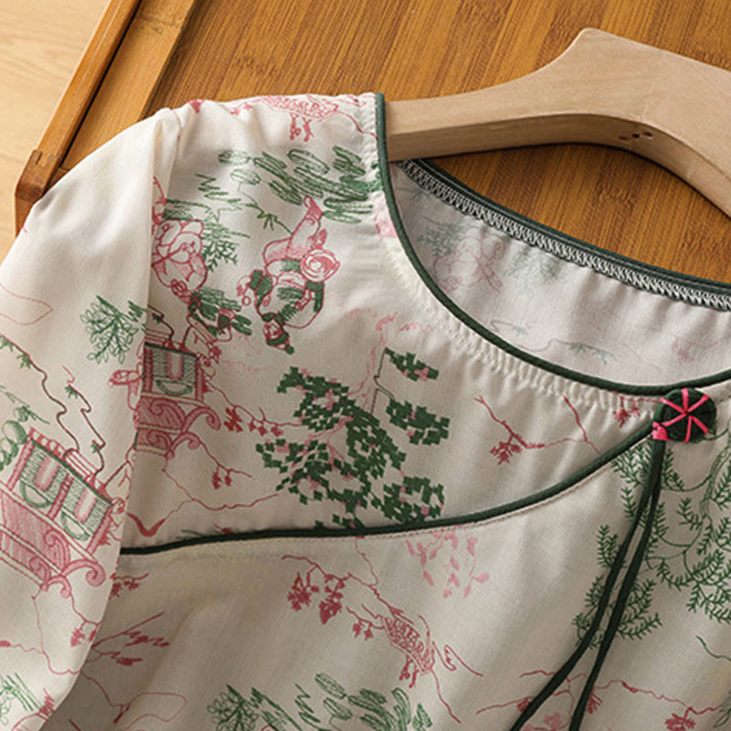 Buddha Stones Summer Tang Style Frog Button Floral Pavilion Women's Elbow-Length Sleeve Shirts - image 2