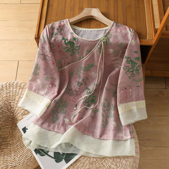 Buddha Stones Summer Tang Style Frog Button Floral Pavilion Women's Elbow-Length Sleeve Shirts - LightPink - US8-10，UK/AU12-14，EU40-42 (2XL) - image 4
