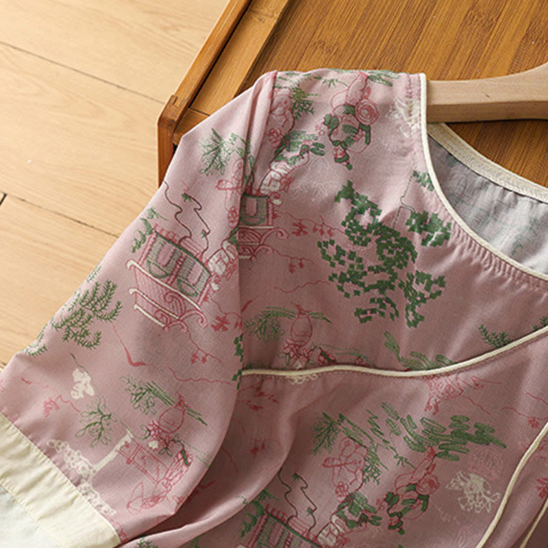 Buddha Stones Summer Tang Style Frog Button Floral Pavilion Women's Elbow-Length Sleeve Shirts - image 6