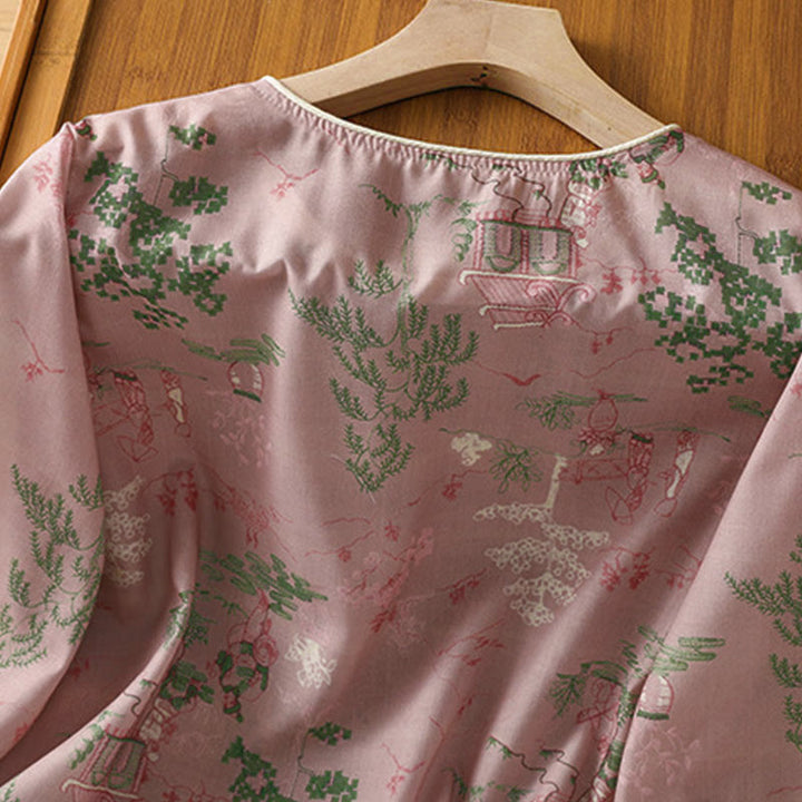 Buddha Stones Summer Tang Style Frog Button Floral Pavilion Women's Elbow-Length Sleeve Shirts - image 8
