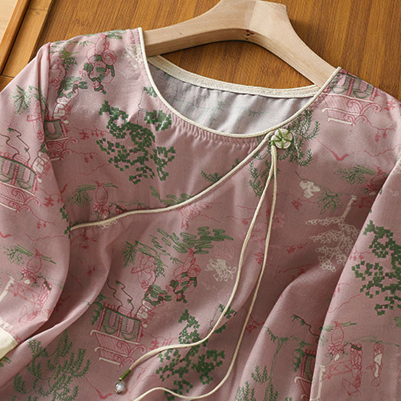Buddha Stones Summer Tang Style Frog Button Floral Pavilion Women's Elbow-Length Sleeve Shirts - image 7