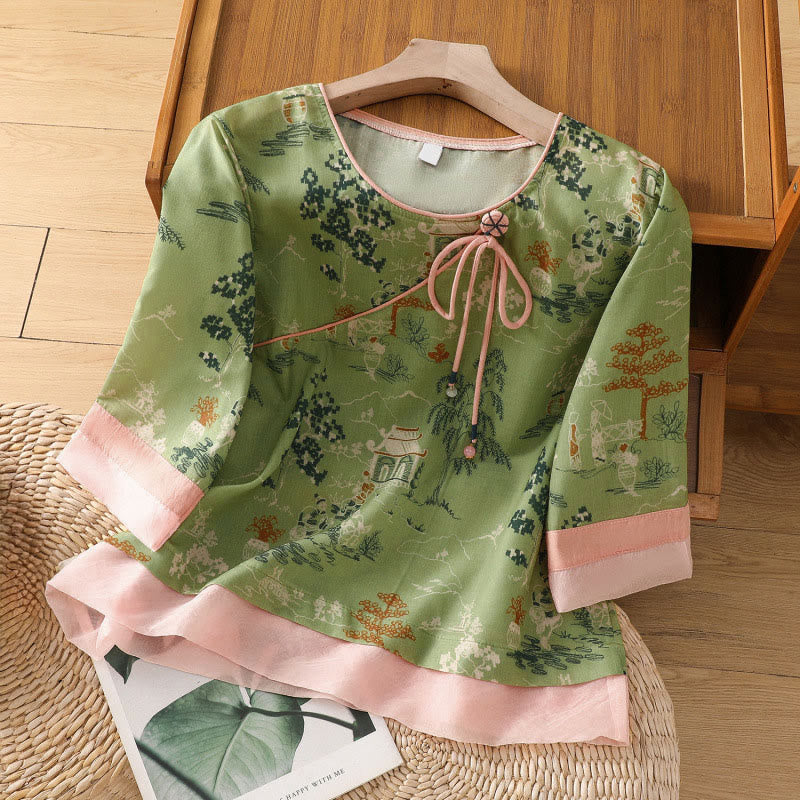 Buddha Stones Summer Tang Style Frog Button Floral Pavilion Women's Elbow-Length Sleeve Shirts - PaleGreen - US8-10，UK/AU12-14，EU40-42 (2XL) - image 12