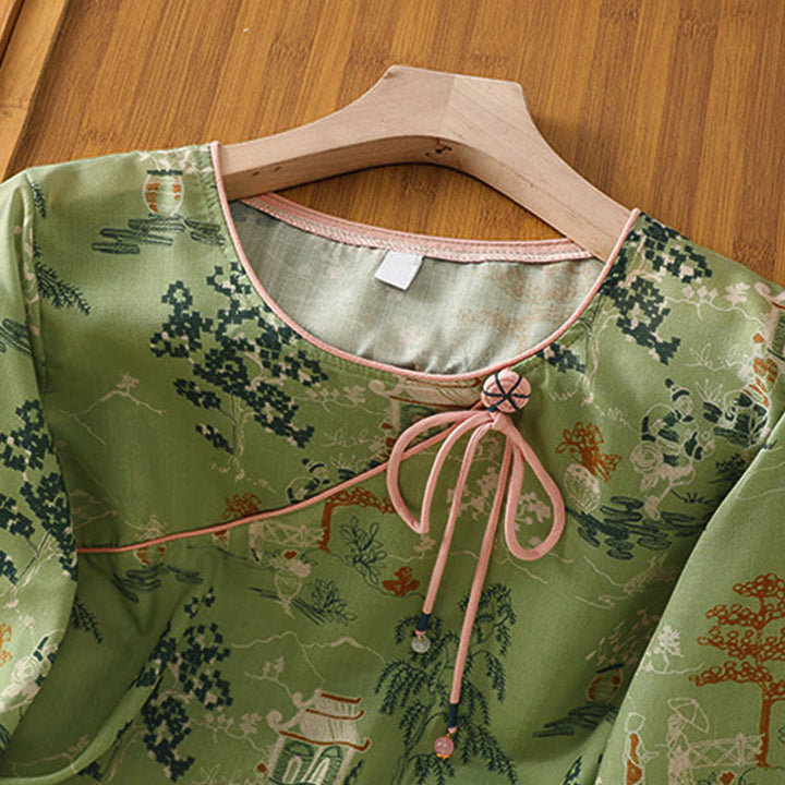 Buddha Stones Summer Tang Style Frog Button Floral Pavilion Women's Elbow-Length Sleeve Shirts - image 16