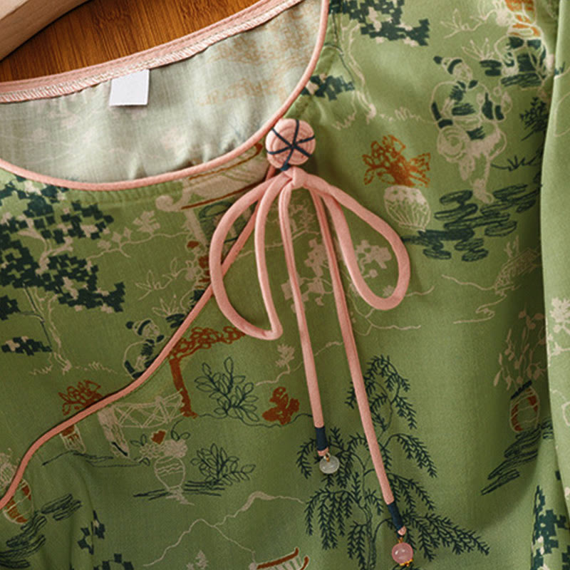 Buddha Stones Summer Tang Style Frog Button Floral Pavilion Women's Elbow-Length Sleeve Shirts - image 18
