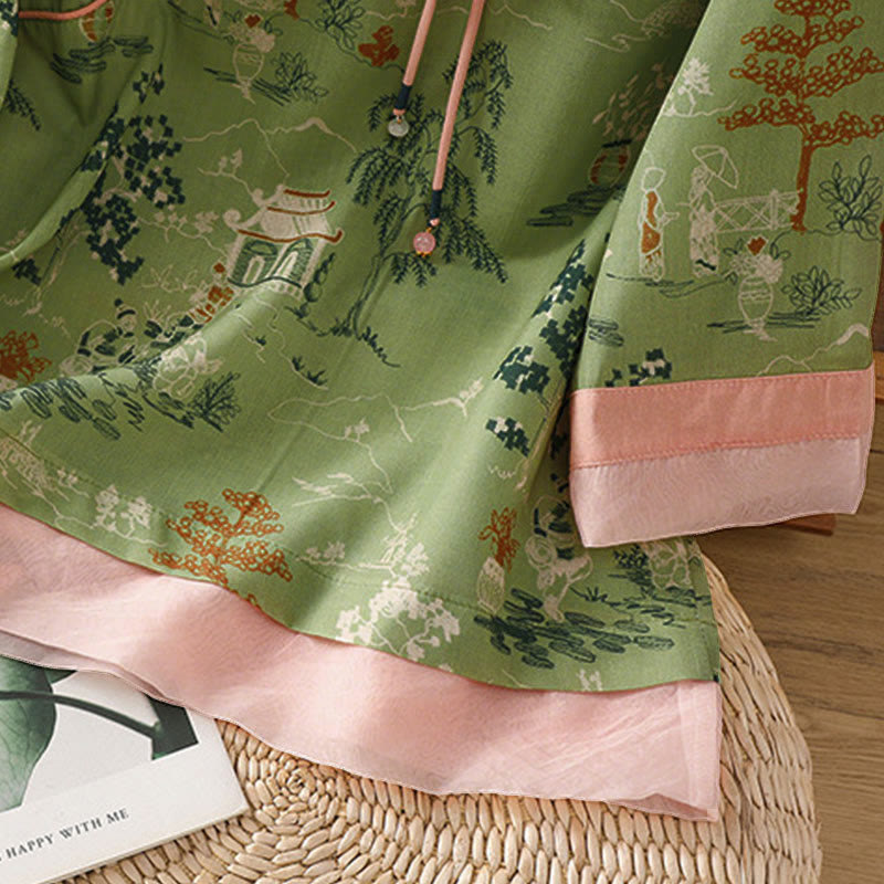 Buddha Stones Summer Tang Style Frog Button Floral Pavilion Women's Elbow-Length Sleeve Shirts - image 22