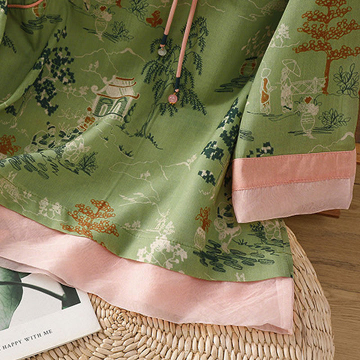 Buddha Stones Summer Tang Style Frog Button Floral Pavilion Women's Elbow-Length Sleeve Shirts - image 22