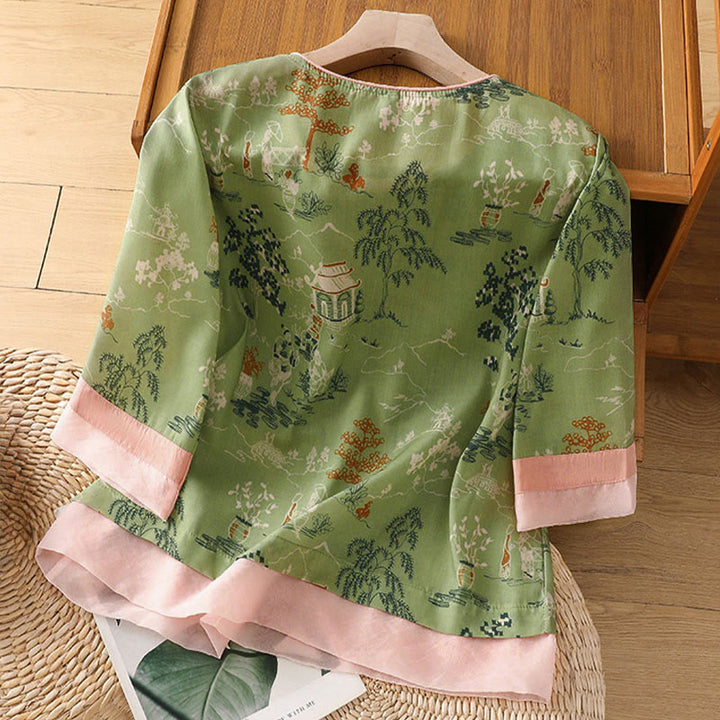 Buddha Stones Summer Tang Style Frog Button Floral Pavilion Women's Elbow-Length Sleeve Shirts - image 13