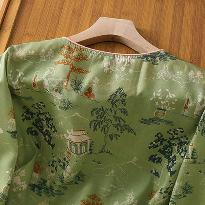 Buddha Stones Summer Tang Style Frog Button Floral Pavilion Women's Elbow-Length Sleeve Shirts - image 17