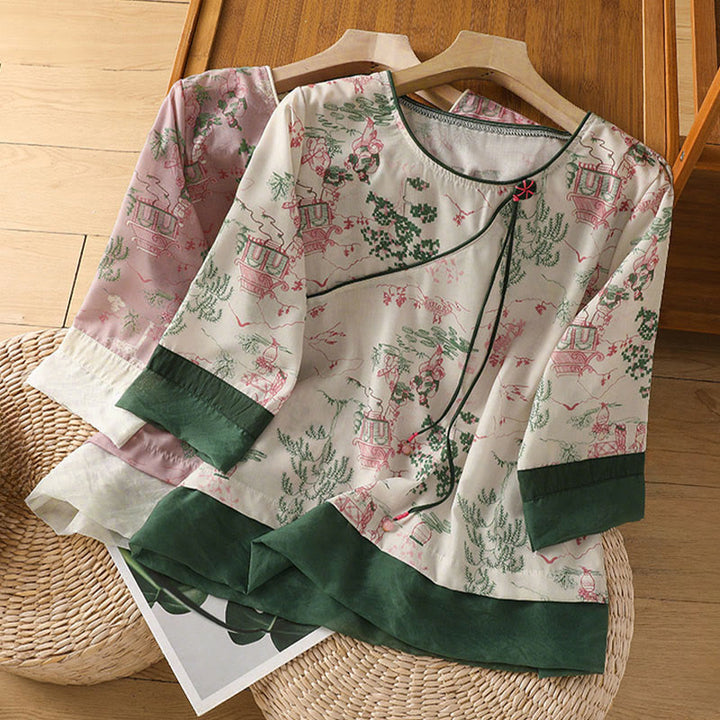 Buddha Stones Summer Tang Style Frog Button Floral Pavilion Women's Elbow-Length Sleeve Shirts - image 25