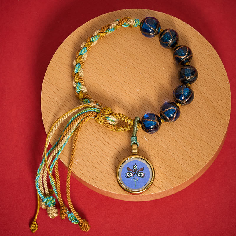Buddha Stones Tibetan Liuli Glass Bead Five Directions Gods Of Wealth Buddha Eye Blessing String Bracelet - Blue Jambhala(Wrist Circumference 15-24cm) - image 0