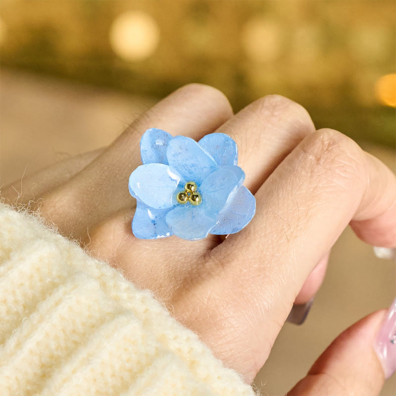 Buddha Stones Liuli Hydrangea Flower Wisdom Ring - Sky Blue - image 0