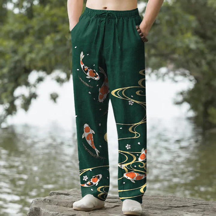 Buddha Stones Cotton Koi Fish Ripple Pattern Men's Tapered Pants With Pockets - ForestGreen - US/UK/AU50，EU60 (5XL) - image 4