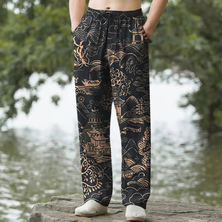 Buddha Stones Cotton Oriental Landscape Pattern Men's Tapered Pants With Pockets - Black - US/UK/AU50，EU60 (5XL) - image 4