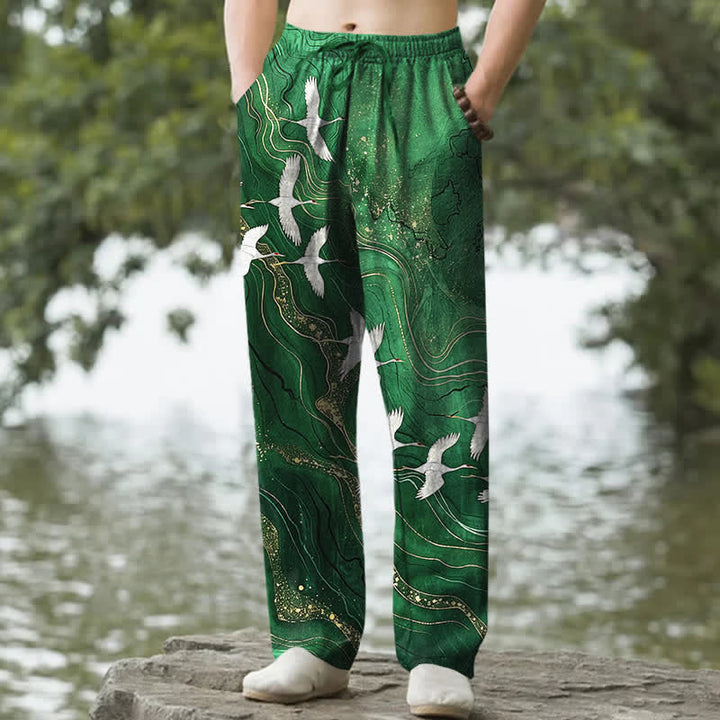 Buddha Stones Cotton White Crane Wave Pattern Men's Tapered Pants With Pockets - ForestGreen - US/UK/AU50，EU60 (5XL) - image 4