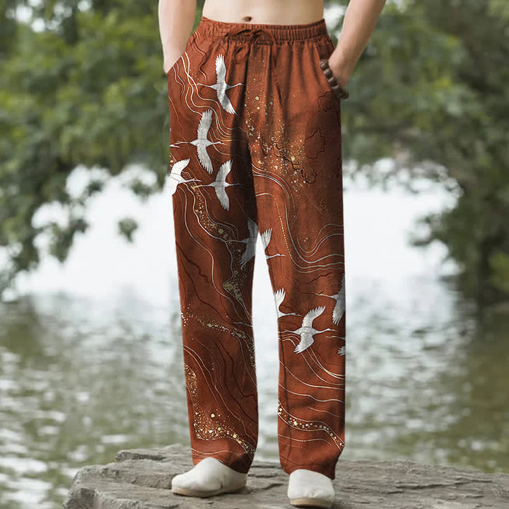 Buddha Stones Cotton White Crane Wave Pattern Men's Tapered Pants With Pockets - Sienna - US/UK/AU50，EU60 (5XL) - image 8