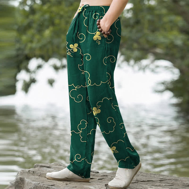 Buddha Stones Cotton Golden Floral Cloud Pattern Men's Tapered Pants With Pockets - image 1