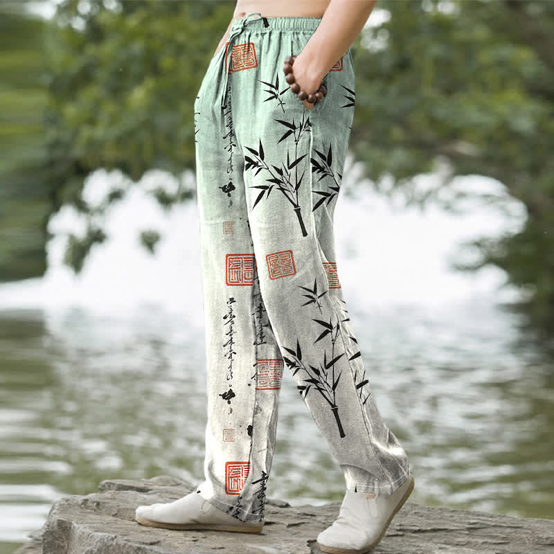 Buddha Stones Cotton Ink Bamboo Pattern Men's Tapered Pants With Pockets - image 1
