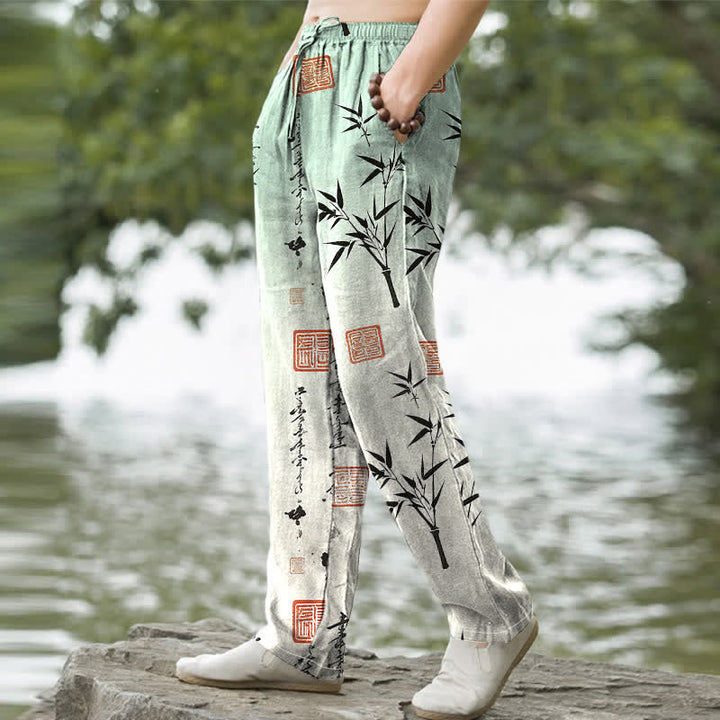 Buddha Stones Cotton Ink Bamboo Pattern Men's Tapered Pants With Pockets - image 1