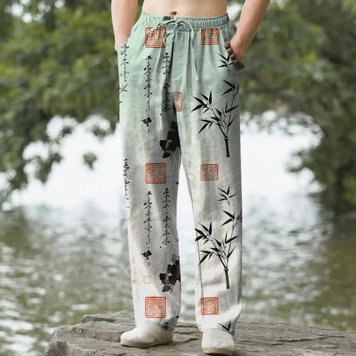 Buddha Stones Cotton Ink Bamboo Pattern Men's Tapered Pants With Pockets - PaleGreen - US/UK/AU50，EU60 (5XL) - image 0