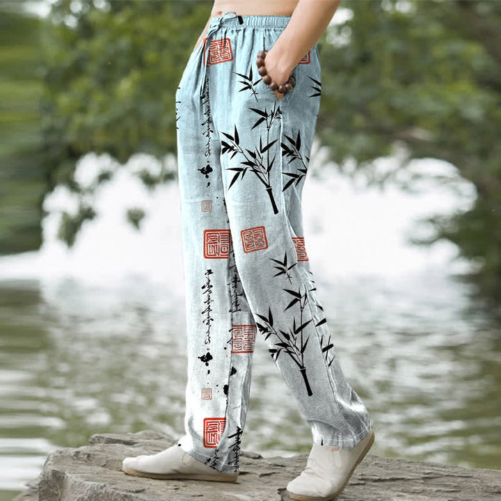 Buddha Stones Cotton Ink Bamboo Pattern Men's Tapered Pants With Pockets - image 5