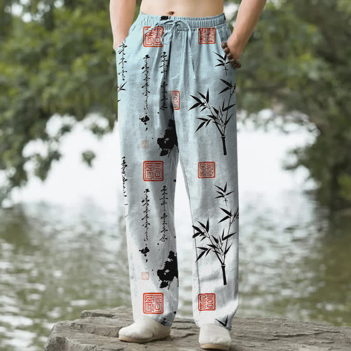 Buddha Stones Cotton Ink Bamboo Pattern Men's Tapered Pants With Pockets - PaleTurquoise - US/UK/AU50，EU60 (5XL) - image 4