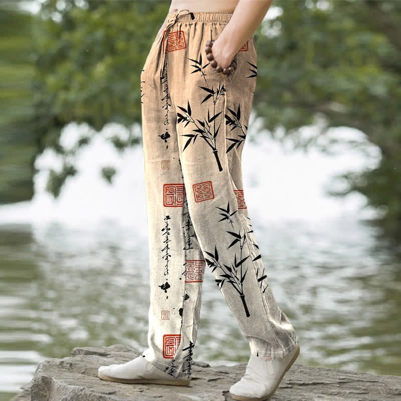 Buddha Stones Cotton Ink Bamboo Pattern Men's Tapered Pants With Pockets - image 9