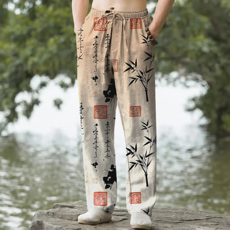 Buddha Stones Cotton Ink Bamboo Pattern Men's Tapered Pants With Pockets - BurlyWood - US/UK/AU50，EU60 (5XL) - image 8