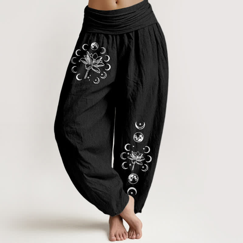 Buddha Stones Pure Cotton Lotus Moon Phase Pattern Women's Elastic Waist Harem Pants - Black - US16，UK/AU20，EU48 (3XL) - image 0