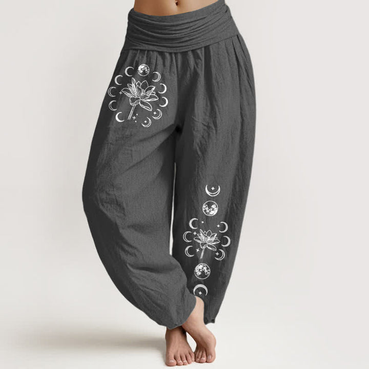 Buddha Stones Pure Cotton Lotus Moon Phase Pattern Women's Elastic Waist Harem Pants - DimGray - US16，UK/AU20，EU48 (3XL) - image 8