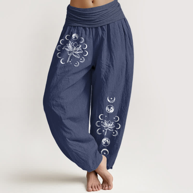 Buddha Stones Pure Cotton Lotus Moon Phase Pattern Women's Elastic Waist Harem Pants - DarkSlateBlue - US16，UK/AU20，EU48 (3XL) - image 5