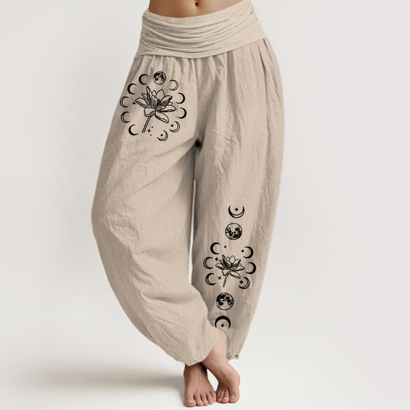 Buddha Stones Pure Cotton Lotus Moon Phase Pattern Women's Elastic Waist Harem Pants - Linen - US16，UK/AU20，EU48 (3XL) - image 11