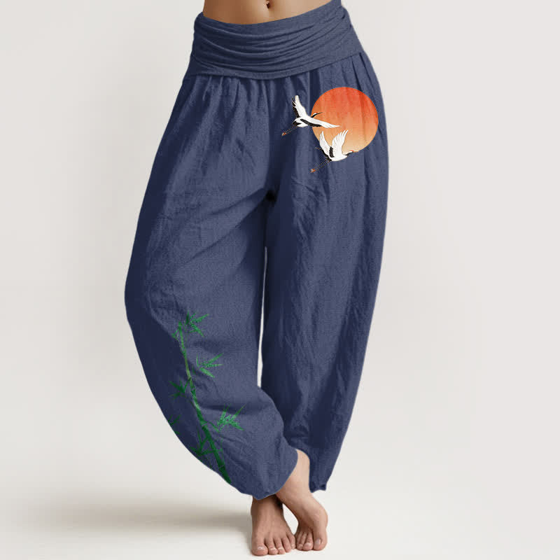 Buddha Stones Pure Cotton Sun Crane Bamboo Pattern Women's Elastic Waist Harem Pants - DarkSlateBlue - US16，UK/AU20，EU48 (3XL) - image 8