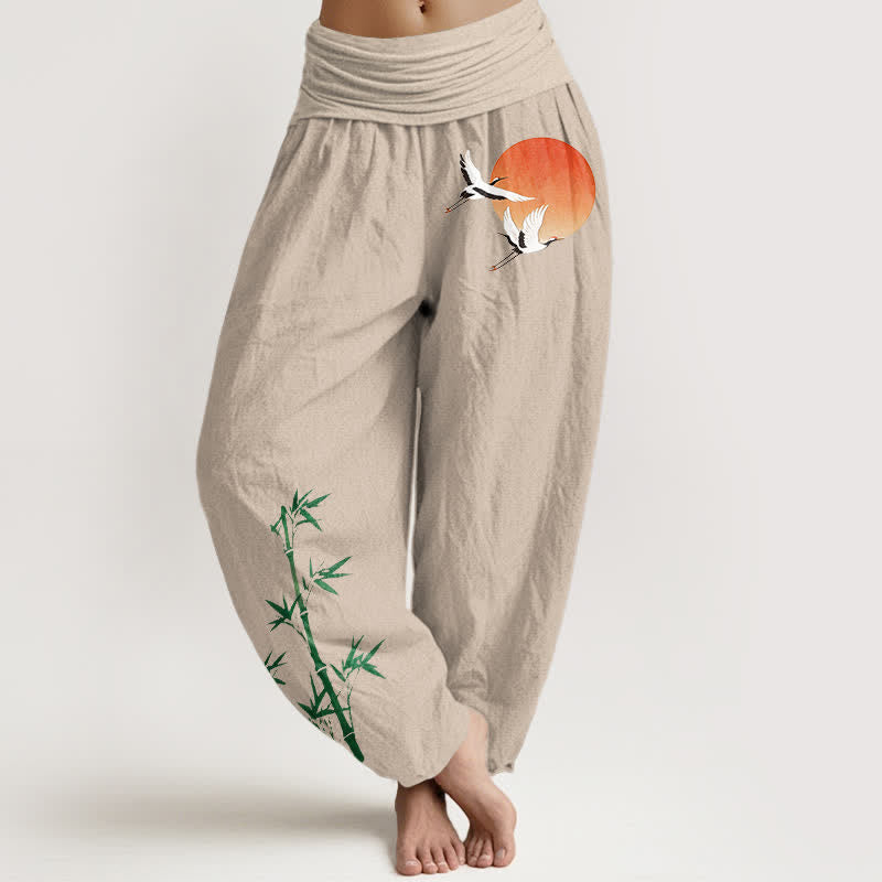 Buddha Stones Pure Cotton Sun Crane Bamboo Pattern Women's Elastic Waist Harem Pants - Linen - US16，UK/AU20，EU48 (3XL) - image 0