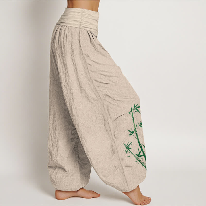 Buddha Stones Pure Cotton Sun Crane Bamboo Pattern Women's Elastic Waist Harem Pants - image 1