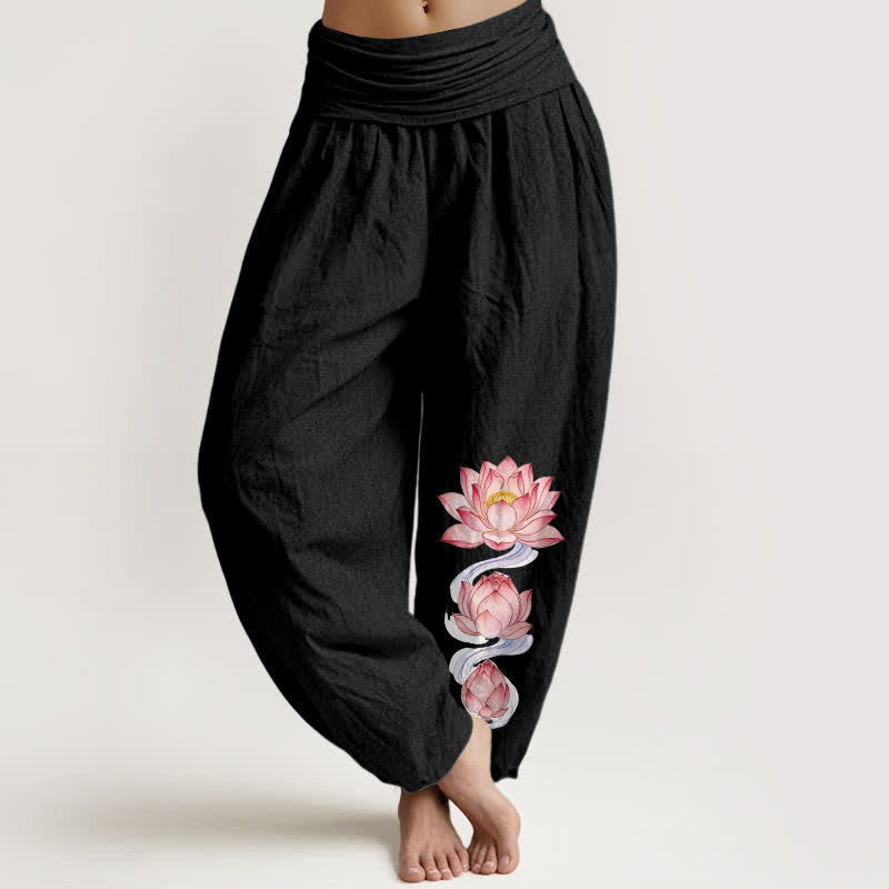 Buddha Stones Pure Cotton Pink Lotus Pattern Women's Elastic Waist Harem Pants - Black - US16，UK/AU20，EU48 (3XL) - image 0