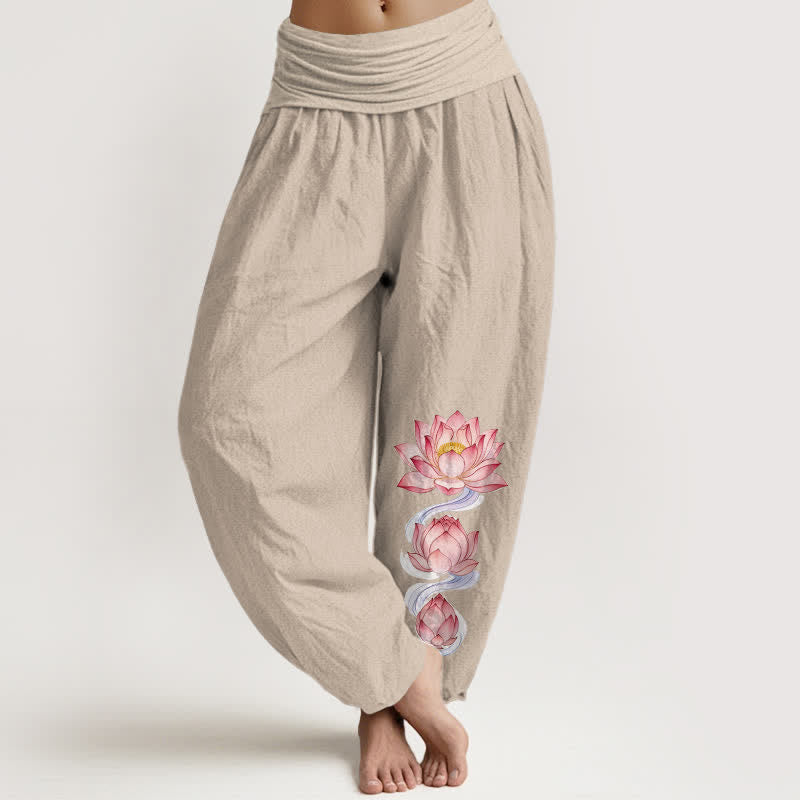 Buddha Stones Pure Cotton Pink Lotus Pattern Women's Elastic Waist Harem Pants - Linen - US16，UK/AU20，EU48 (3XL) - image 11