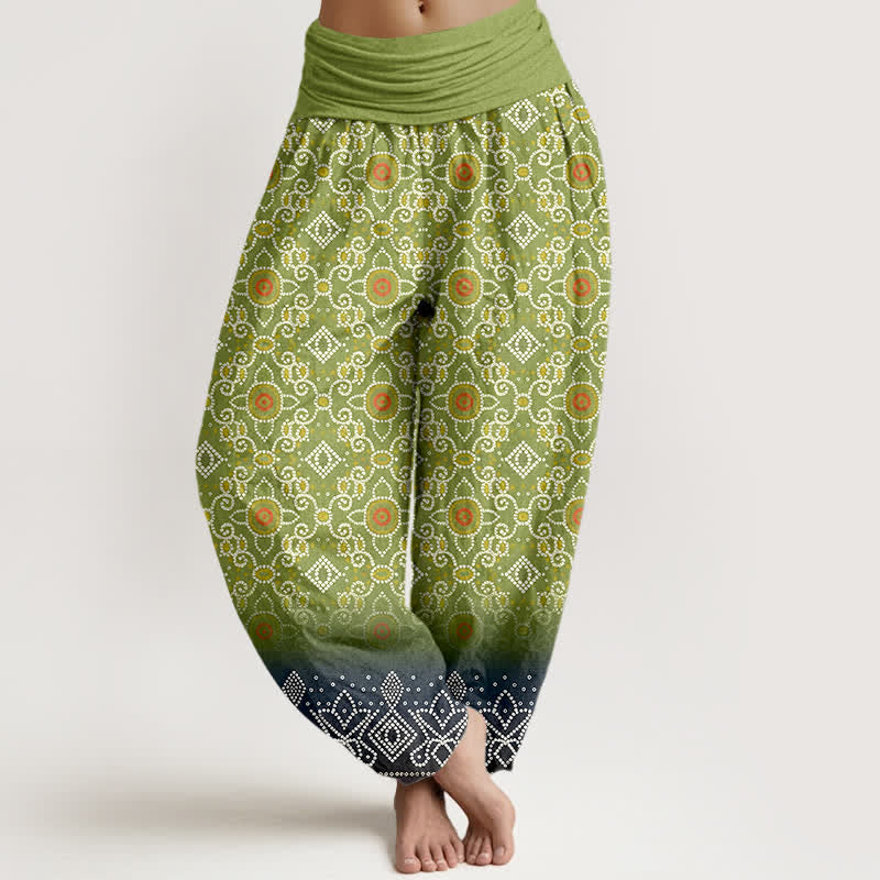 Buddha Stones Cotton Bohemian Floral Geometric Pattern Women's Elastic Waist Harem Pants - YellowGreen - US16，UK/AU20，EU48 (3XL) - image 0