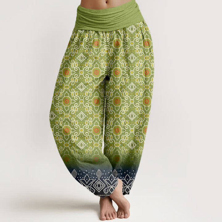 Buddha Stones Cotton Bohemian Floral Geometric Pattern Women's Elastic Waist Harem Pants - YellowGreen - US16，UK/AU20，EU48 (3XL) - image 0