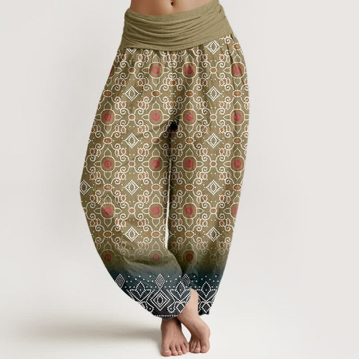 Buddha Stones Cotton Bohemian Floral Geometric Pattern Women's Elastic Waist Harem Pants - Olive - US16，UK/AU20，EU48 (3XL) - image 5