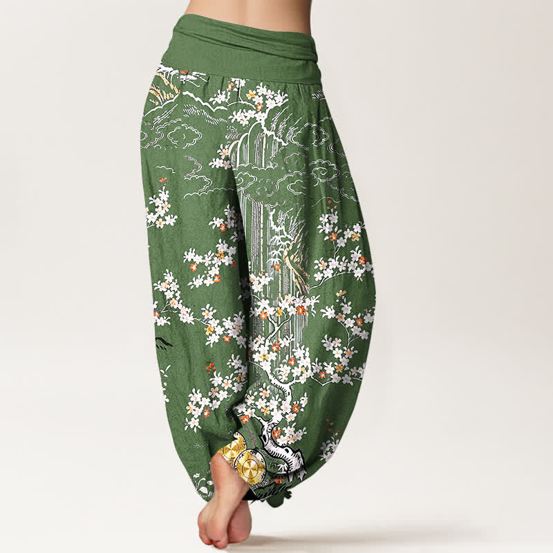 Buddha Stones Pure Cotton White Floral Vine Auspicious Cloud Pattern Women's Elastic Waist Harem Pants - image 1