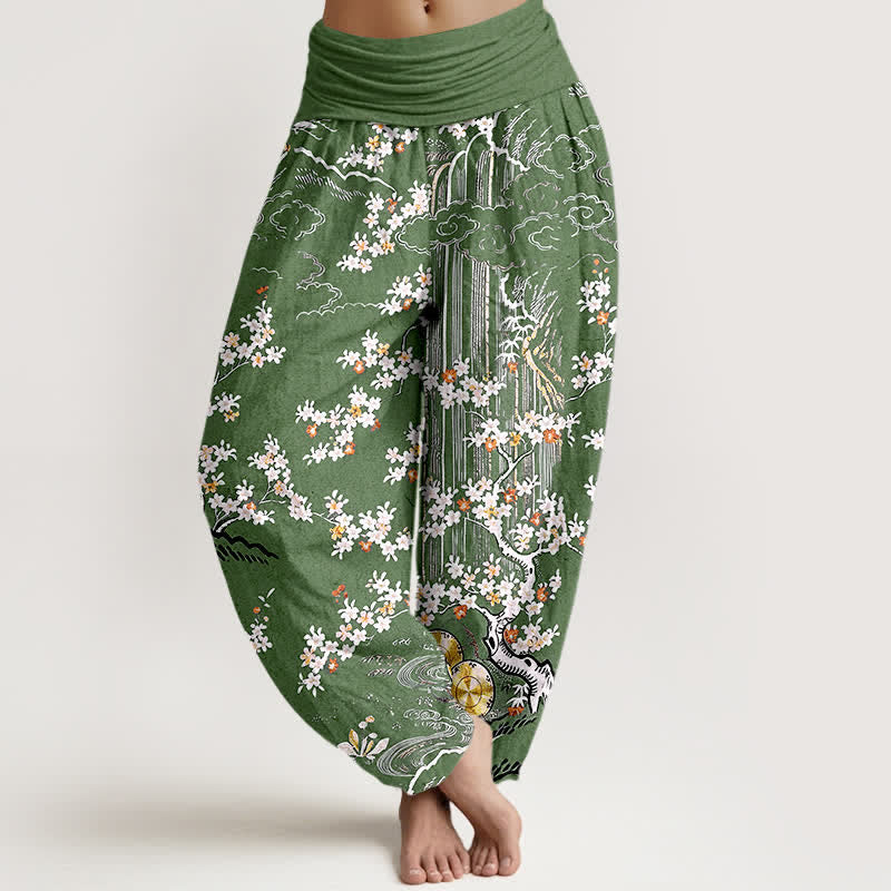 Buddha Stones Pure Cotton White Floral Vine Auspicious Cloud Pattern Women's Elastic Waist Harem Pants - OliveDrab - US16，UK/AU20，EU48 (3XL) - image 0