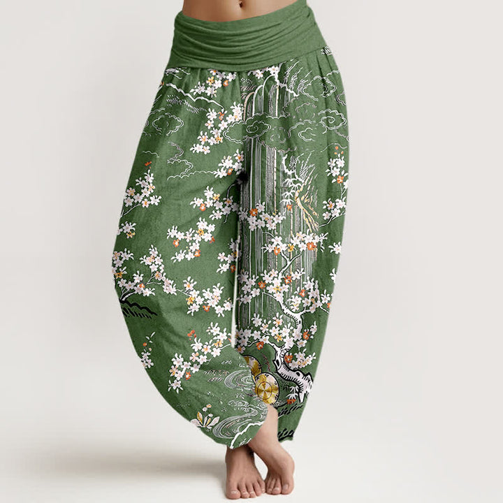 Buddha Stones Pure Cotton White Floral Vine Auspicious Cloud Pattern Women's Elastic Waist Harem Pants - OliveDrab - US16，UK/AU20，EU48 (3XL) - image 0