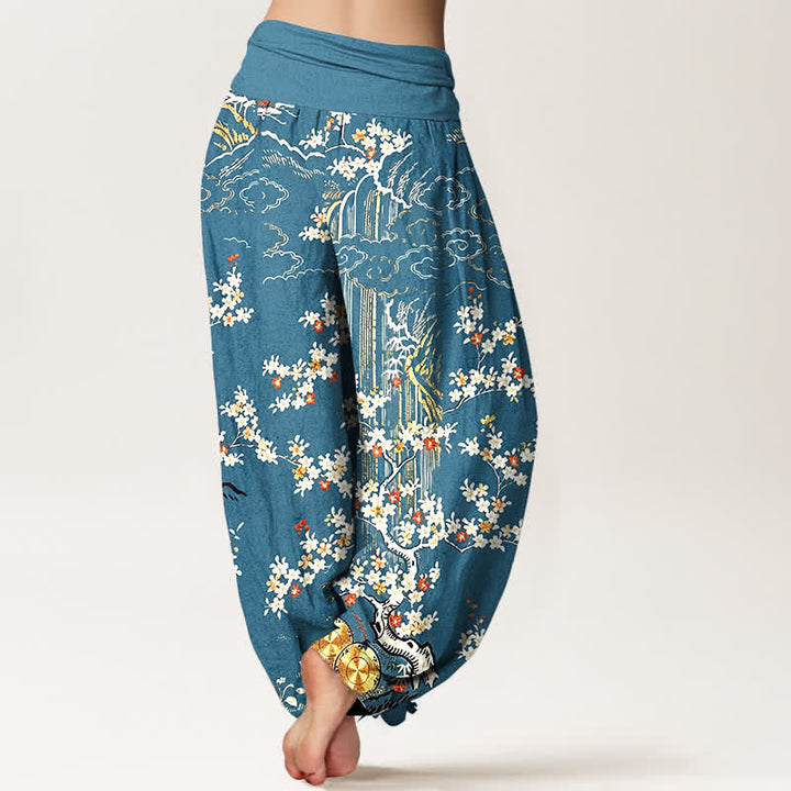 Buddha Stones Pure Cotton White Floral Vine Auspicious Cloud Pattern Women's Elastic Waist Harem Pants - image 6