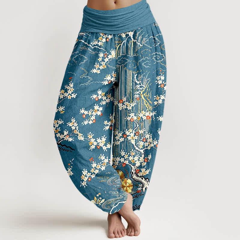 Buddha Stones Pure Cotton White Floral Vine Auspicious Cloud Pattern Women's Elastic Waist Harem Pants - Teal - US16，UK/AU20，EU48 (3XL) - image 5