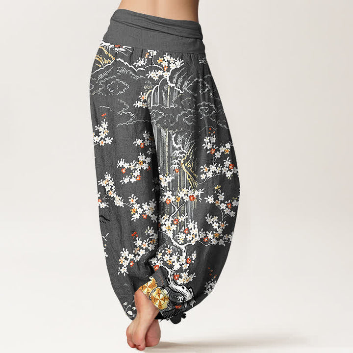 Buddha Stones Pure Cotton White Floral Vine Auspicious Cloud Pattern Women's Elastic Waist Harem Pants - image 9
