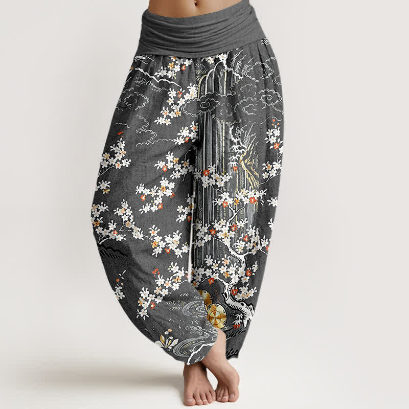 Buddha Stones Pure Cotton White Floral Vine Auspicious Cloud Pattern Women's Elastic Waist Harem Pants - DimGray - US16，UK/AU20，EU48 (3XL) - image 8