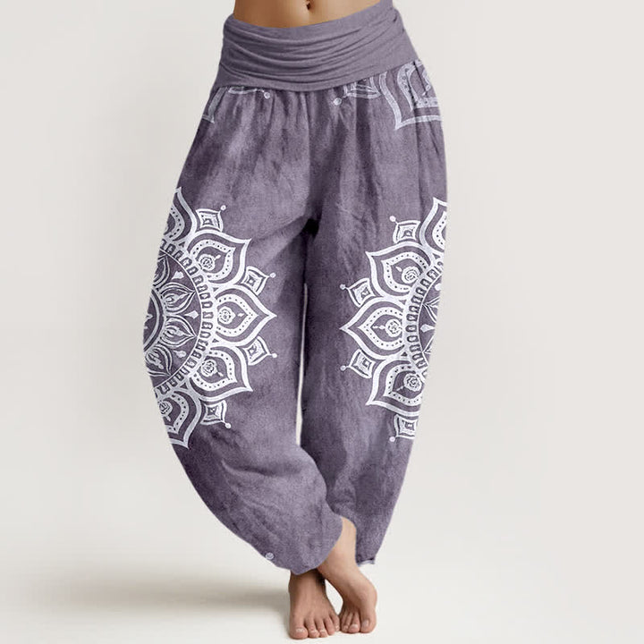 Buddha Stones Pure Cotton White Mandala Floral Pattern Women's Elastic Waist Harem Pants - MediumPurple - US16，UK/AU20，EU48 (3XL) - image 5