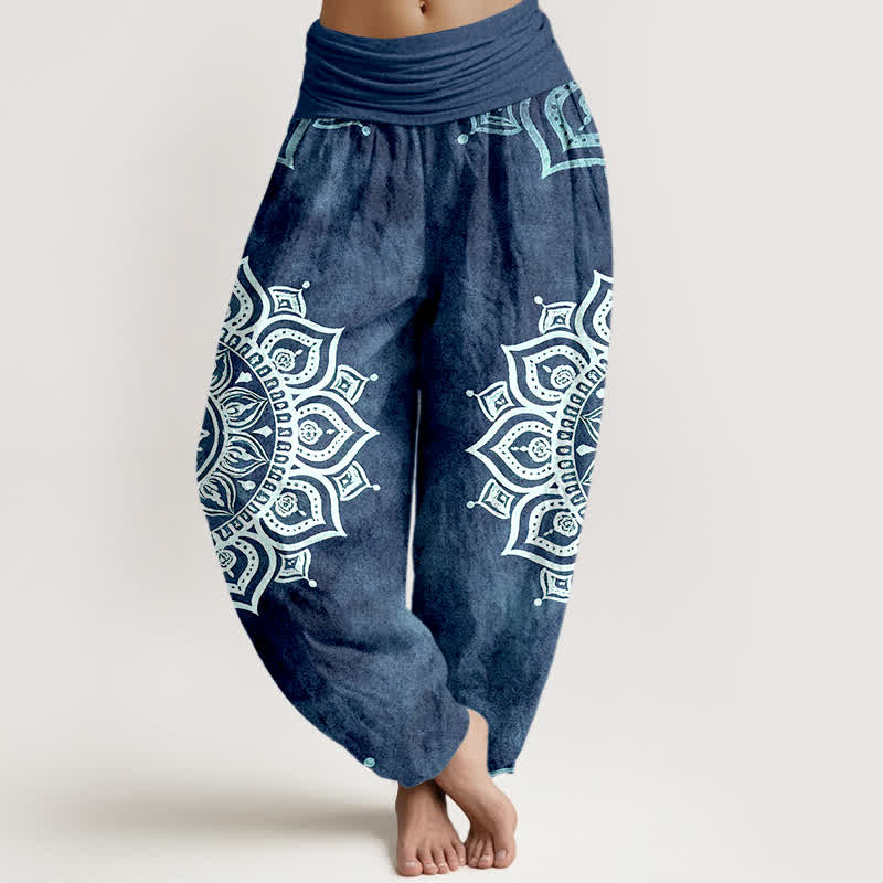 Buddha Stones Pure Cotton White Mandala Floral Pattern Women's Elastic Waist Harem Pants - SteelBlue - US16，UK/AU20，EU48 (3XL) - image 8